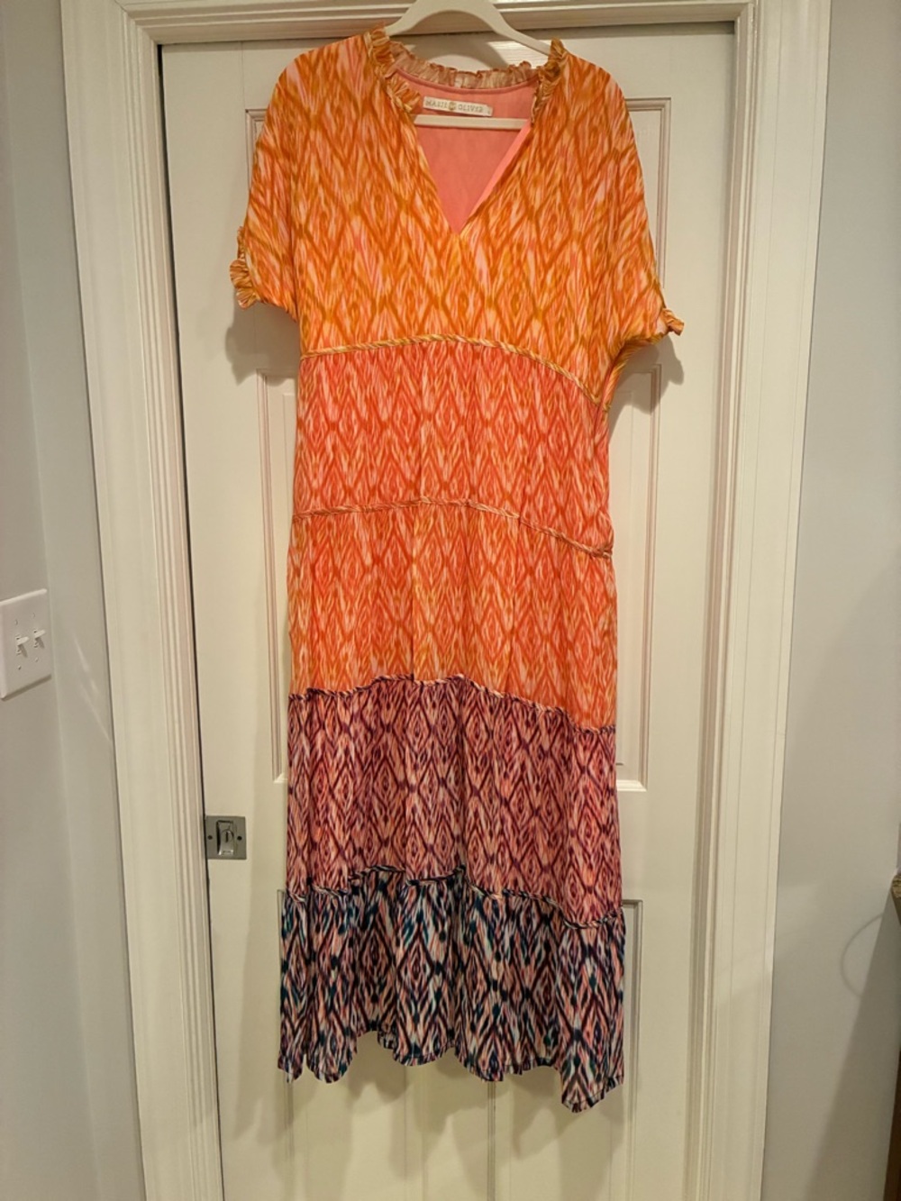 Marie Oliver Orange Pink Blue Tiered V-Neck Maxi Dress